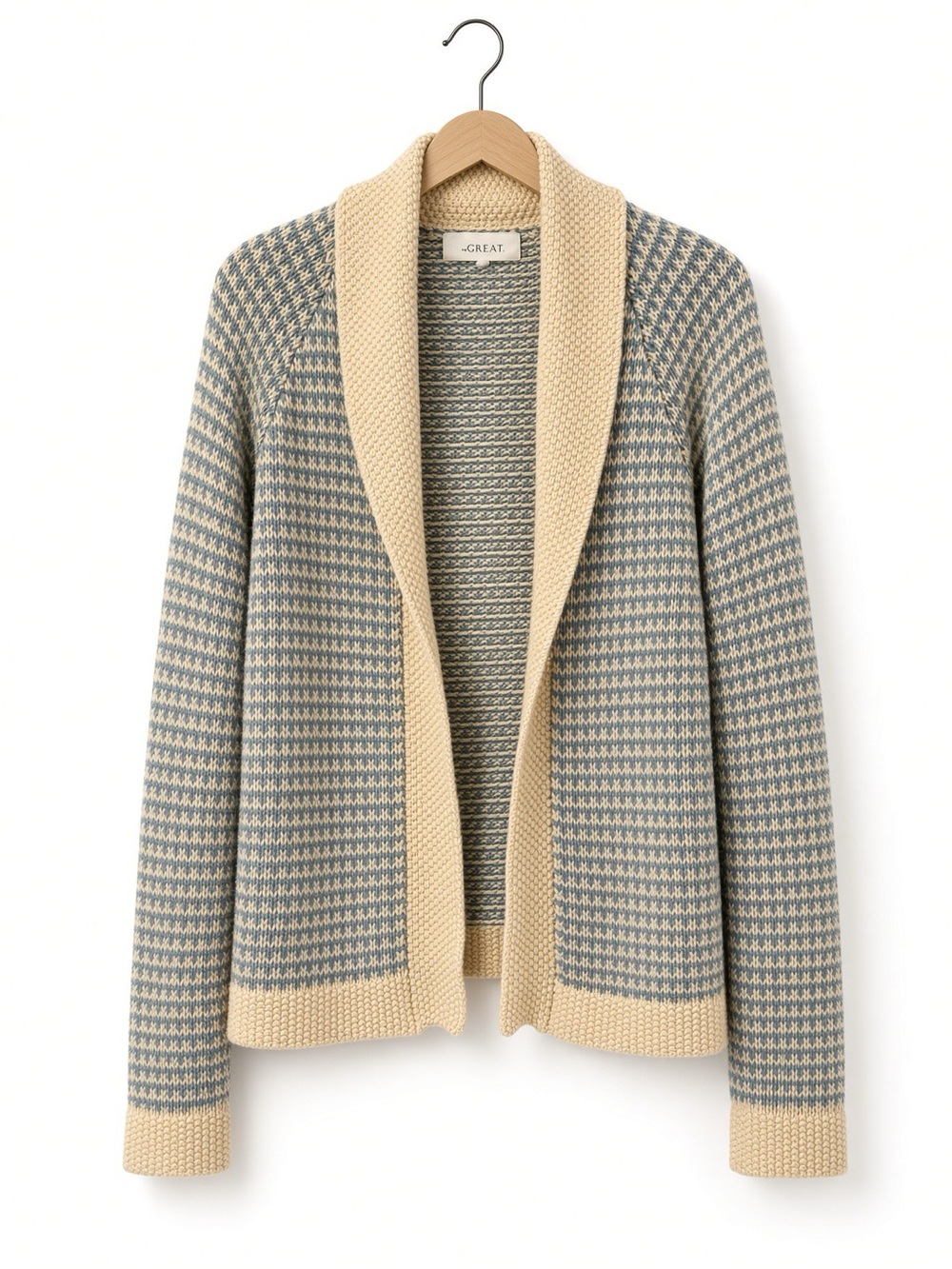THE GREAT. Cream & Blue Knit Shawl Cardigan